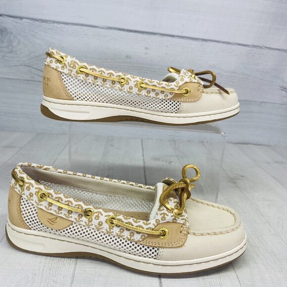 Sperry Top Sider Women Anchor Print 61428 Beige Leather Mesh Boat Loafer Sz 6 M - Picture 4 of 15